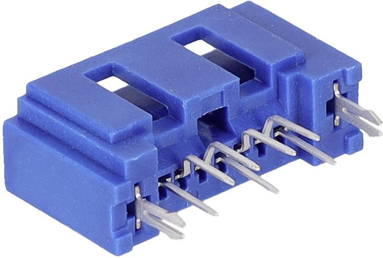 Ein blauer sechspoliger elektronischer Stecker mit abgewinkelten Metallstiften, der für Leiterplattensverbindungen verwendet wird.