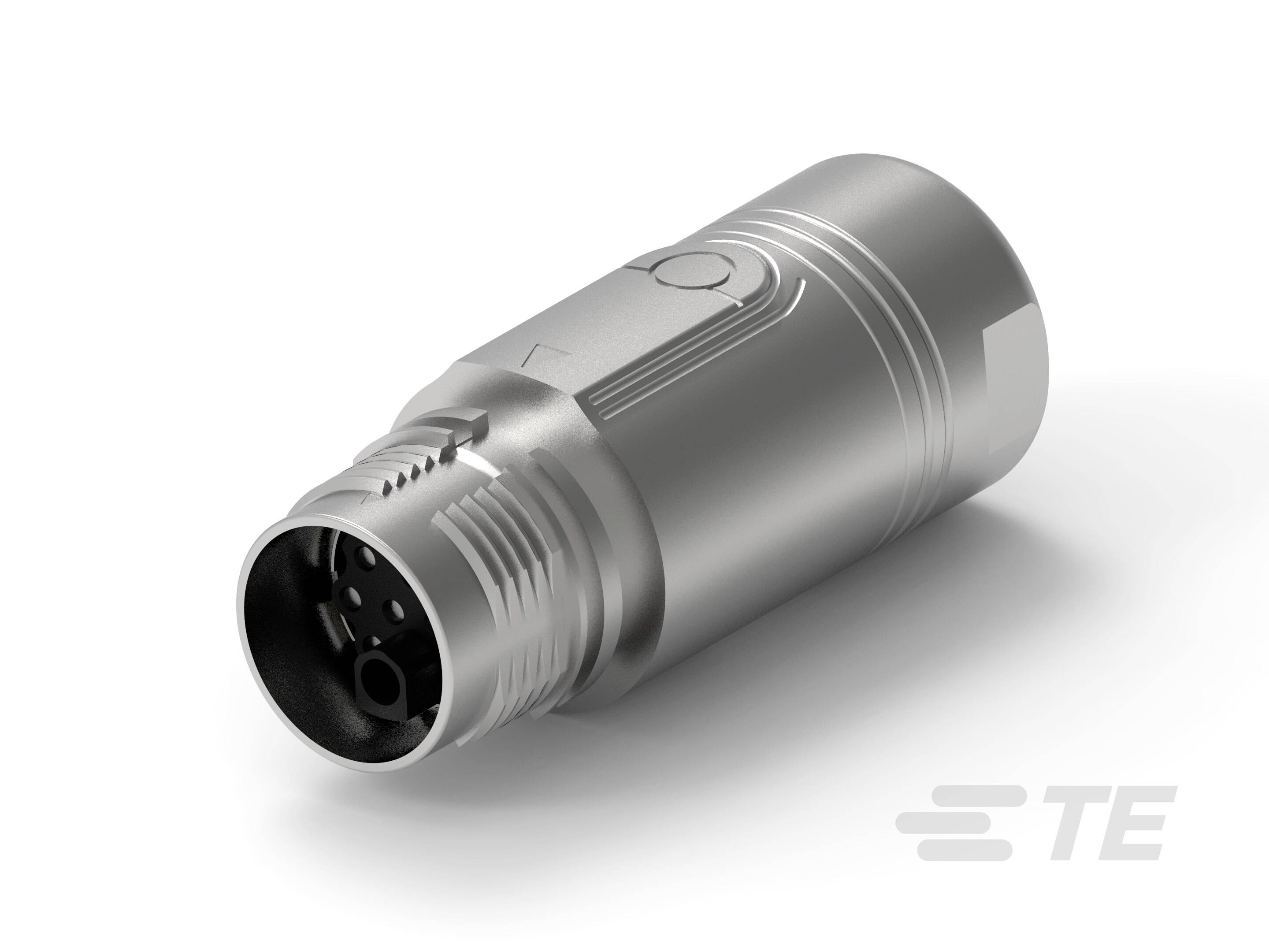 Metallischer Steckverbinder in Zylinderform, geeignet für industrielle Anwendungen. Seitenansicht zeigt Steckerverbindung und Gehäusedetails.