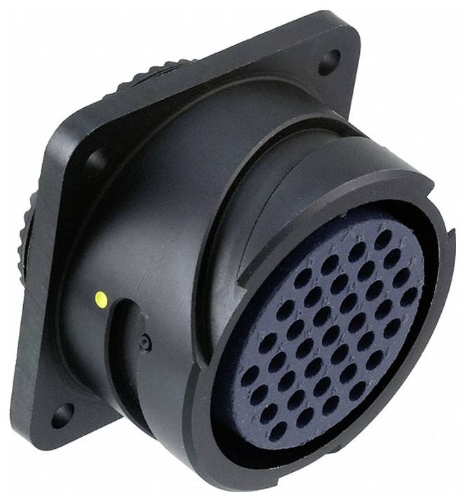 Ein runder, schwarzer mehrpoliger Elektrostecker mit Flanschbasis, mit mehreren kleinen Löchern für Stifte, verwendet für sichere Verbindungen.