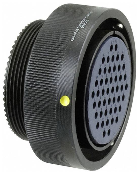 Ein schwarzes Gasmaskenfilter mit kreisförmigem Design, das ein Lochgitter und einen gelben Punktindikator an der Seite aufweist.