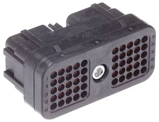 Ein schwarzer rechteckiger elektrischer Stecker mit mehreren kreisförmigen Stiften in einem Rastermuster, der für Fahrzeugverkabelungssysteme verwendet wird.
