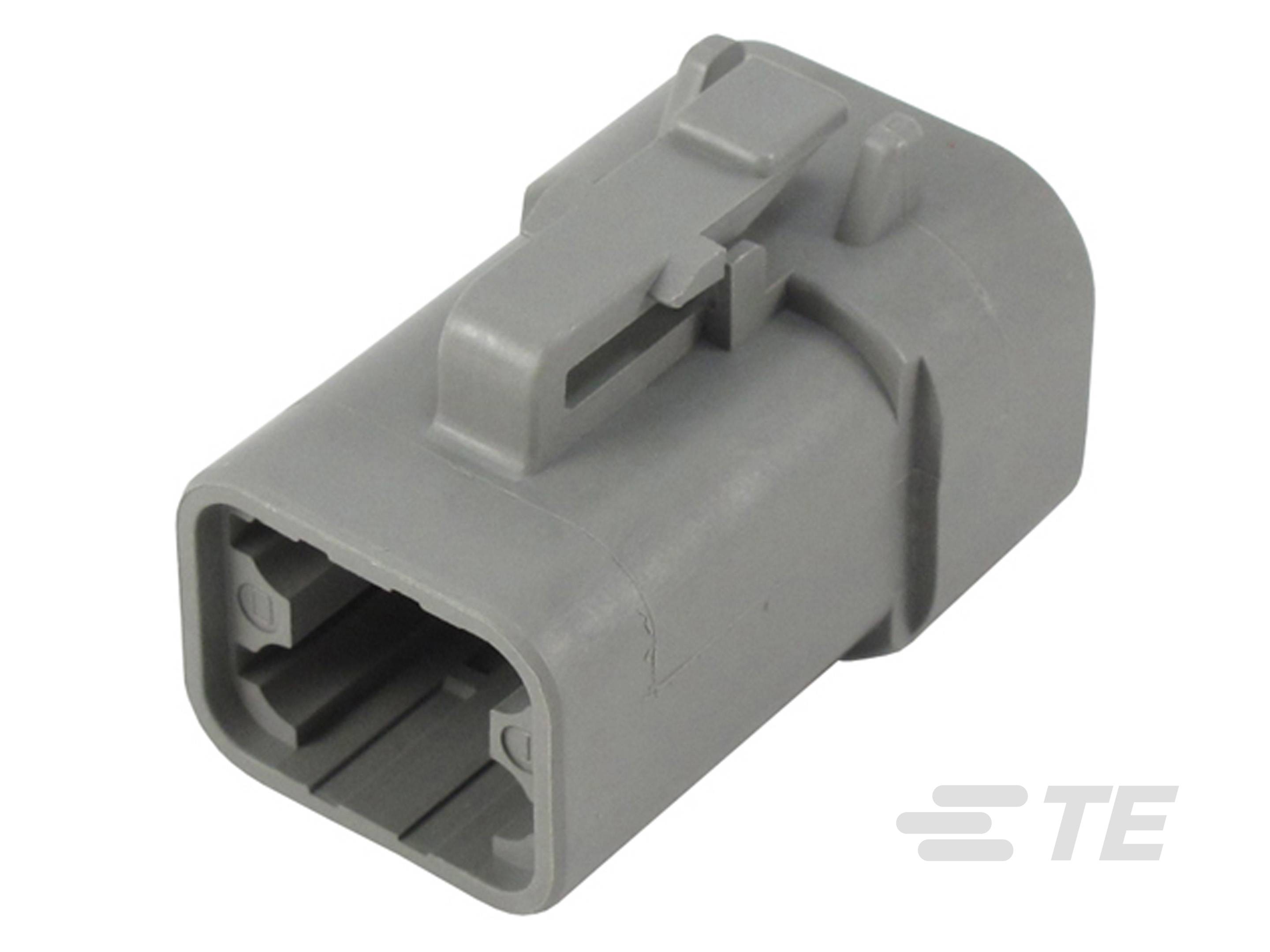 Ein grauer, rechteckiger Kunststoffstecker für elektronische Verbindungen. Er hat einen Verriegelungsmechanismus oben.