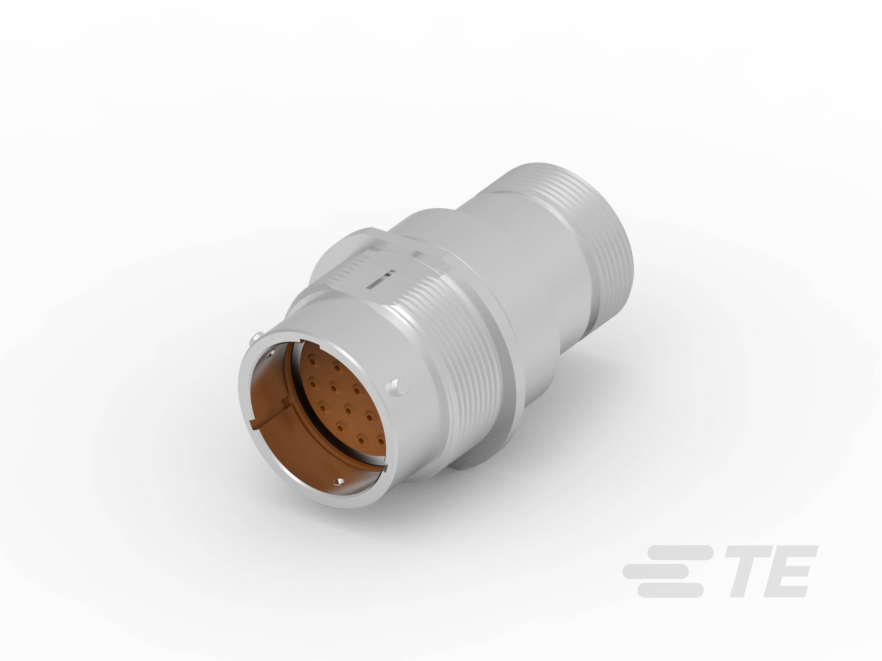 Ein zylindrischer elektrischer Stecker mit mehreren Stiftkontakten, silbern, auf weißem Hintergrund, Logo 'TE' in der Ecke.