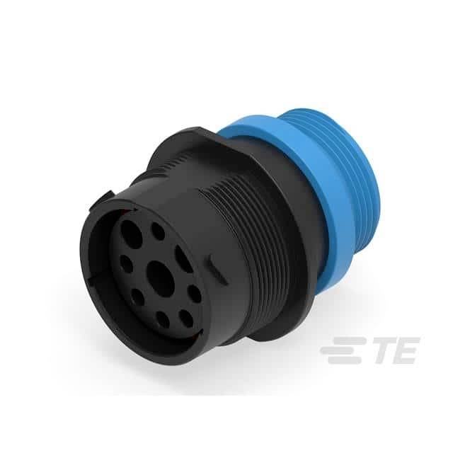 Ein schwarzer, zylinderförmiger Steckeradapter mit mehreren runden Öffnungen an einer blauen, geriffelten Basis.