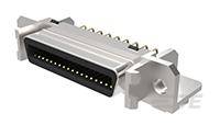 Ein Computerstecker mit mehreren Metallpins, typisches Design für Verbindungskabel bei älteren elektronischen Geräten.