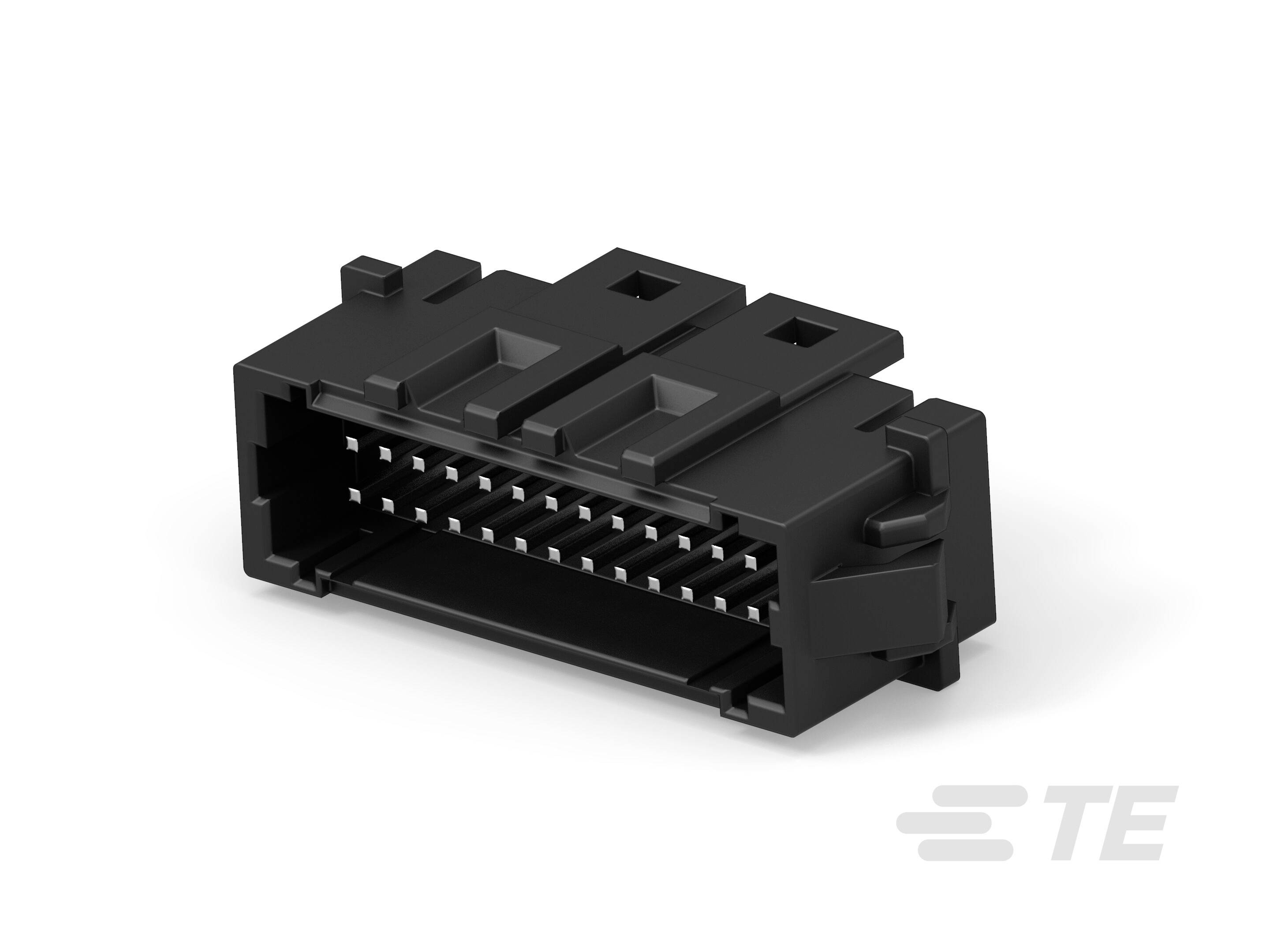 Schwarzer Elektronik-Steckverbinder mit mehreren Pins, markiert mit dem Logo 'TE'. Geeignet für industrielle oder technologische Anwendungen.