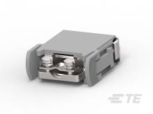 Grauer elektrischer Steckverbinder mit zwei Metallkontakten, geeignet für den Einsatz in elektronischen Bauteilen.