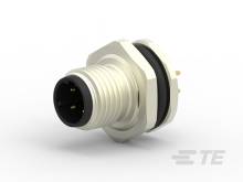 Runder, vierpoliger elektrischer Stecker aus Metall mit schwarzer Isolierung und Gewinde, geeignet für industrielle Anwendungen.