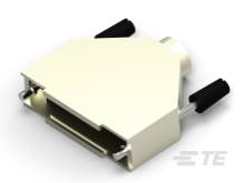 Ein rechteckiger, beiger Steckverbinder mit Metallstiften und schwarzem Griff, geeignet für elektronische Verbindungen.