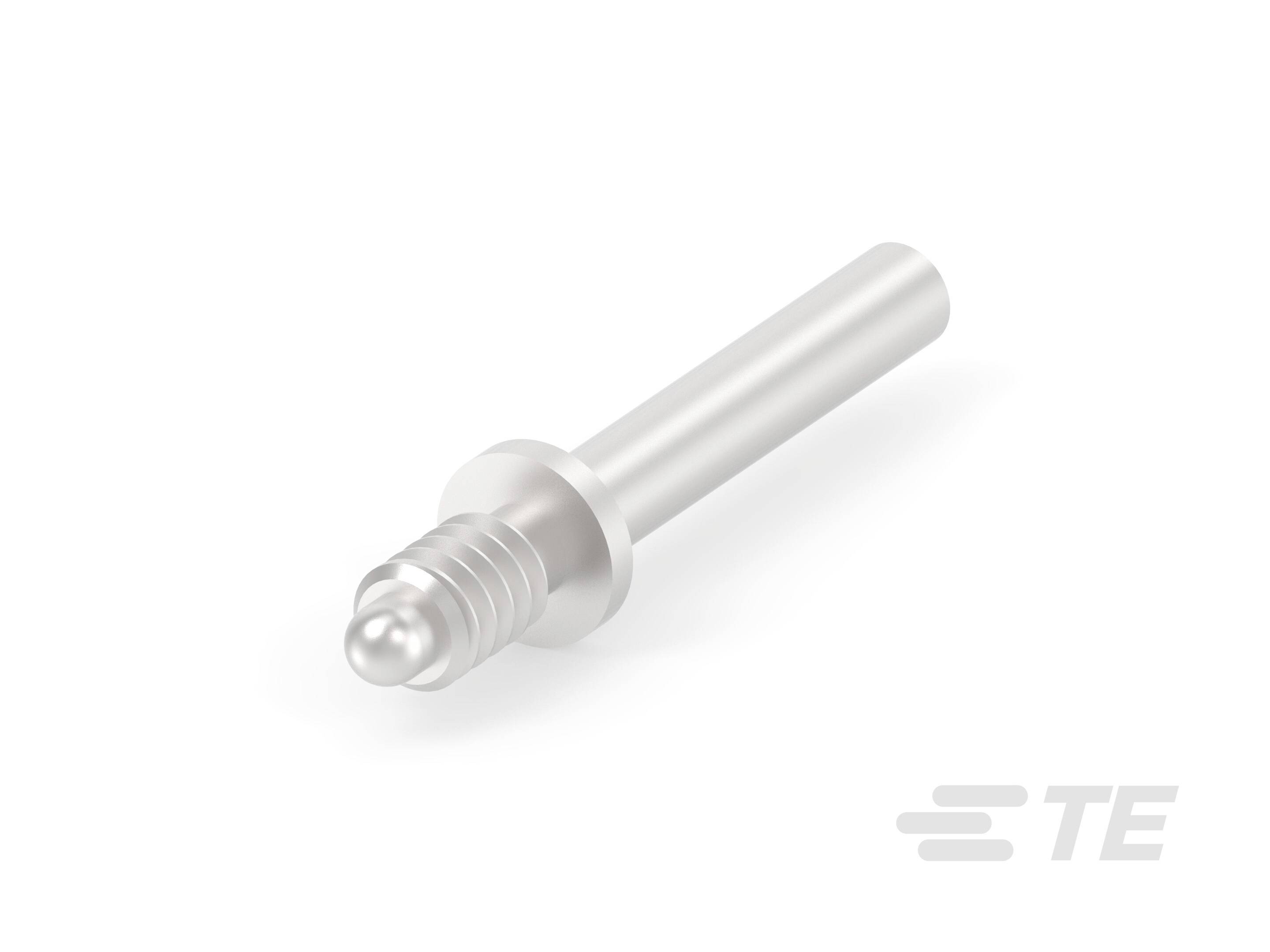 Ein silberner Metallkontaktstift mit einem schraubbaren Ende, verwendet in elektronischen Anwendungen. Logo 'TE' unten rechts im Bild.