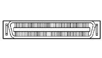 Zwei parallele Linien mit gleichmäßigen, vertikalen Streifen unterschiedlicher Breite zwischen ihnen, die einen repetitiven Rhythmus bilden.