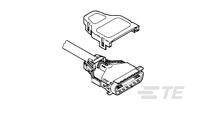 Ein technisches Diagramm eines Steckverbinders mit zwei Ansichten: obere Abdeckung und seitliche Ansicht des Steckers mit Kabel.