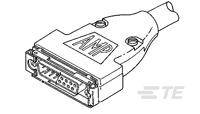 Illustration eines Kabelsteckers mit der Aufschrift 'AMP'. Der Stecker hat mehrere Pins und zwei Befestigungsschrauben.