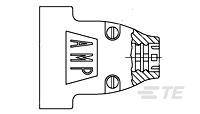 Eine technische Zeichnung eines AMP-Steckverbinders mit sichtbaren Details wie Markierungen und strukturellen Merkmalen.