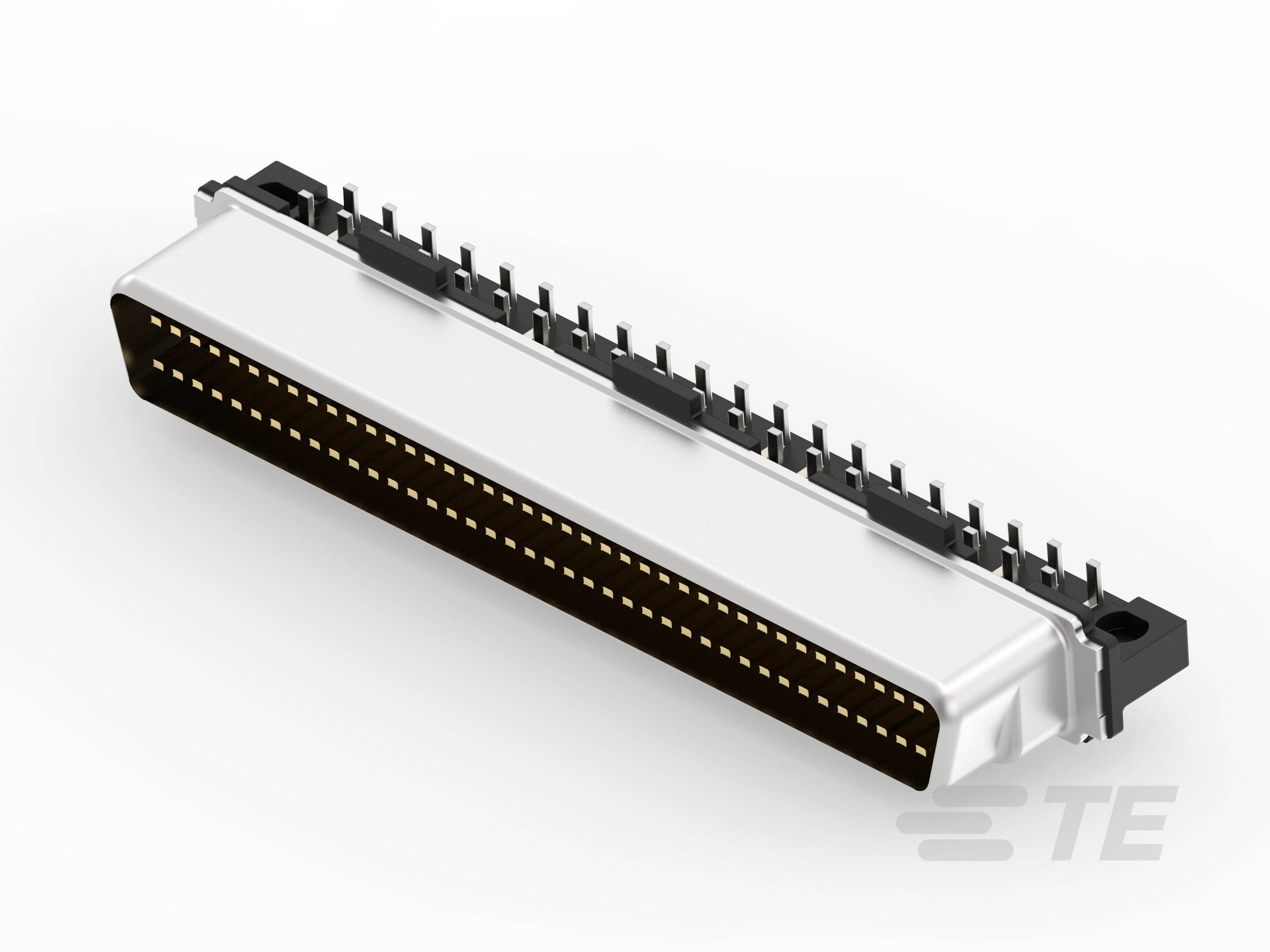 Ein rechteckiger Steckverbinder mit vielen goldenen Pins, geeignet für elektronische Geräte. Das Logo 'TE' ist im Bild sichtbar.