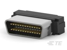 Ein grau-schwarzer Stecker mit mehreren goldenen Kontakten, der für elektronische Verbindungen verwendet wird.