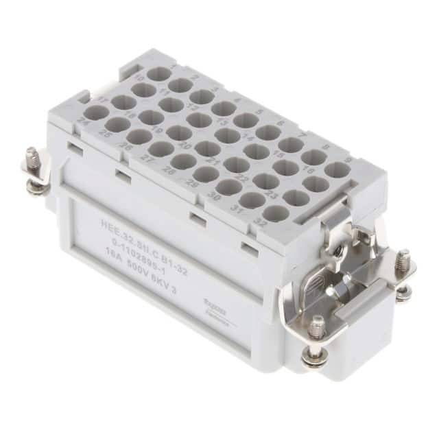 Elektrischer Stecker mit mehreren runden Anschlüssen in einem rechteckigen Gehäuse, geeignet für industrielle Anwendungen.