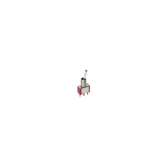 Kleiner Kippschalter mit drei Anschlüssen und rotem Gehäuse, Hebel oben. Geeignet für elektronische Schaltungen.