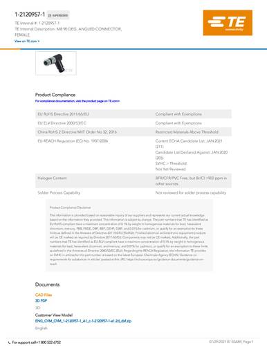 teconnectivity TE Connectivity 1-2120957-1 Bag 1St.
