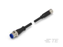 Zwei Steckverbinder mit schwarzem Kabel und blauem Ende, lateral getrennt.