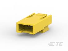 Gelber rechteckiger Steckverbinder aus Kunststoff, seitliche Ansicht. Geeignet für elektrische oder elektronische Anwendungen.