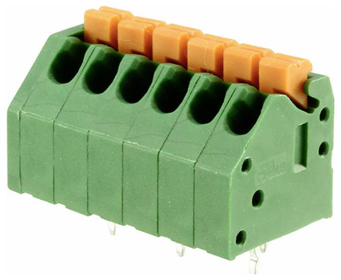 Ein grüner und orangefarbener Elektroklemmenblock mit fünf Anschlüssen, der zum Verbinden von Drähten in elektronischen Schaltkreisen verwendet wird.