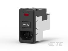 Ein rechteckiger schwarzer Schalter mit Ein-/Aus-Symbolen auf der Vorderseite, LED-Anzeige oben, montiert in einem grauen Gehäuse.