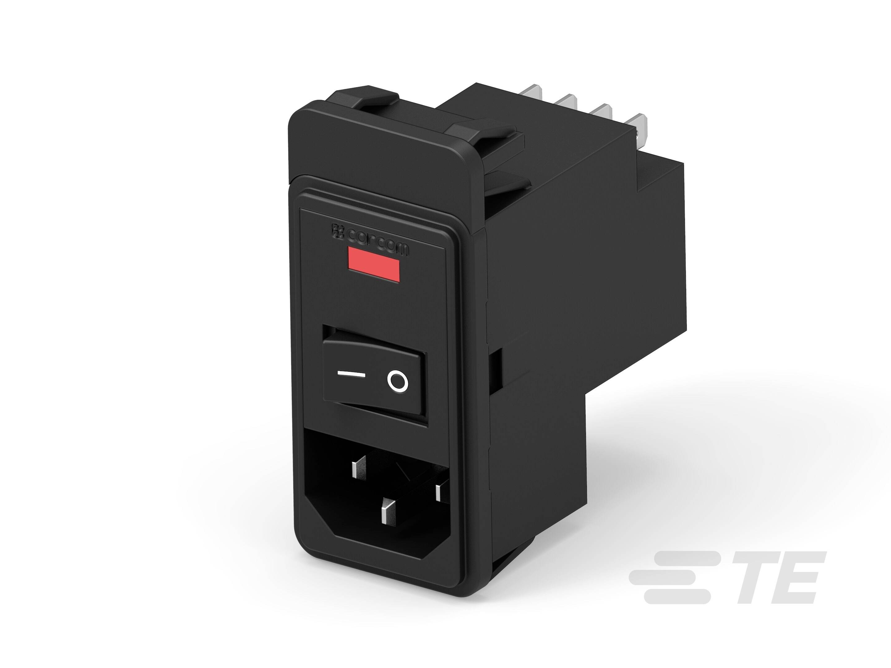 Ein schwarzer Geräteschutzschalter mit Wippschalter, vier Anschlüssen und roter Sicherungsanzeige; Markensymbol unten rechts.