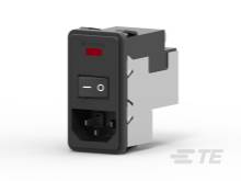 Ein schwarzer Wippenschalter in einem Gehäuse, mit einer roten Leuchte und einer Ein-/Aus-Position, vor einem weißen Hintergrund.