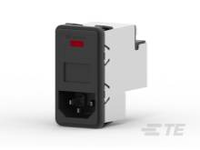 Ein kleiner, rechteckiger Gerätetaster mit einem roten Indikator. Der Taster ist schwarz mit einem weißen Gehäuserahmen.