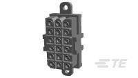 Rechteckiger schwarzer Stecker mit 12 Anschlussbuchsen in 3 Reihen. Oben eine Befestigungslasche mit Loch zur Montage.