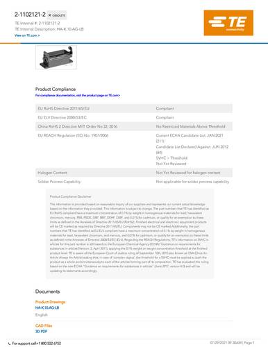 TE Connectivity 2-1102121-2 1 St. Box
