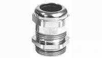 Eine silberne Verschraubung, wahrscheinlich eine Kabelverschraubung, aus Metall. Sie hat ein gerändeltes Design für sicheren Halt.