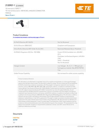 teconnectivity TE Connectivity 2120957-1 Bag 1St.