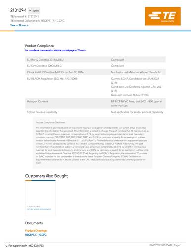 teconnectivity TE Connectivity 213129-1 Package 1St.
