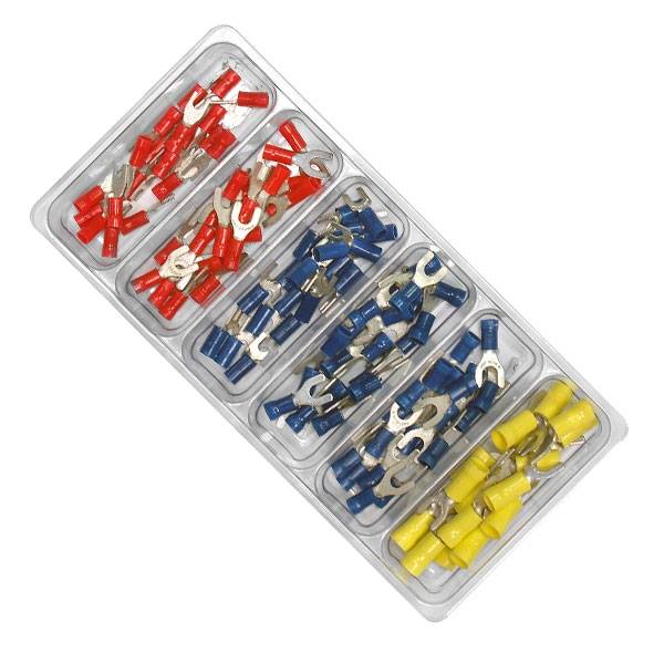 Eine Plastikbox mit verschiedenen isolierten Kabelschuhen in Rot, Blau und Gelb, sortiert nach Typ und Farbe.