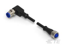 Steckeransicht: Zwei schwarze Kabel mit blauen Rundsteckern, einer gewinkelt, einer gerade. Steckverbindung für technische Anwendungen.