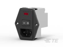 Ein rechteckiger Netzschalter mit einem eingebauten Sicherungshalter und roter Anzeige auf der Oberseite. Schalter in der Aus-Position.