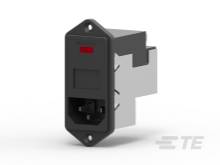 Ein schwarzer elektrischer Steckverbinder mit rechteckiger Form und einem kleinen roten Licht oben.