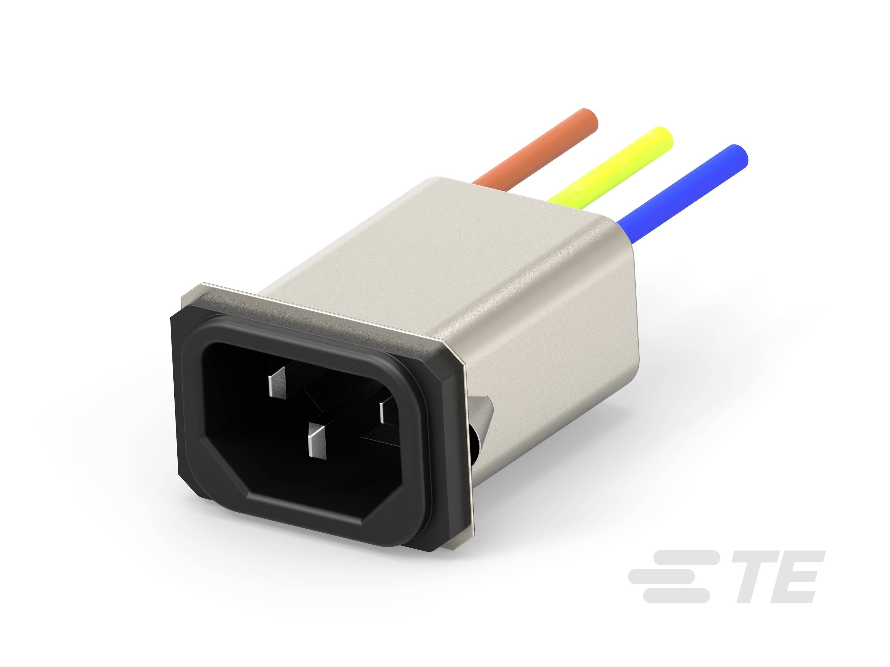 Ein grauer Netzkabelstecker mit einem Kunststoffgehäuse und drei herausragenden farbigen Drähten: braun, blau und gelb/grün.