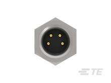 Ein runder, metallischer Stecker mit drei goldfarbenen Pins in einem sechseckigen Gehäuse. Geeignet für industrielle Anwendungen.