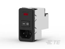 Ein schwarzer Geräteschalter mit rotem Lichtindikator, seitlich montiert.