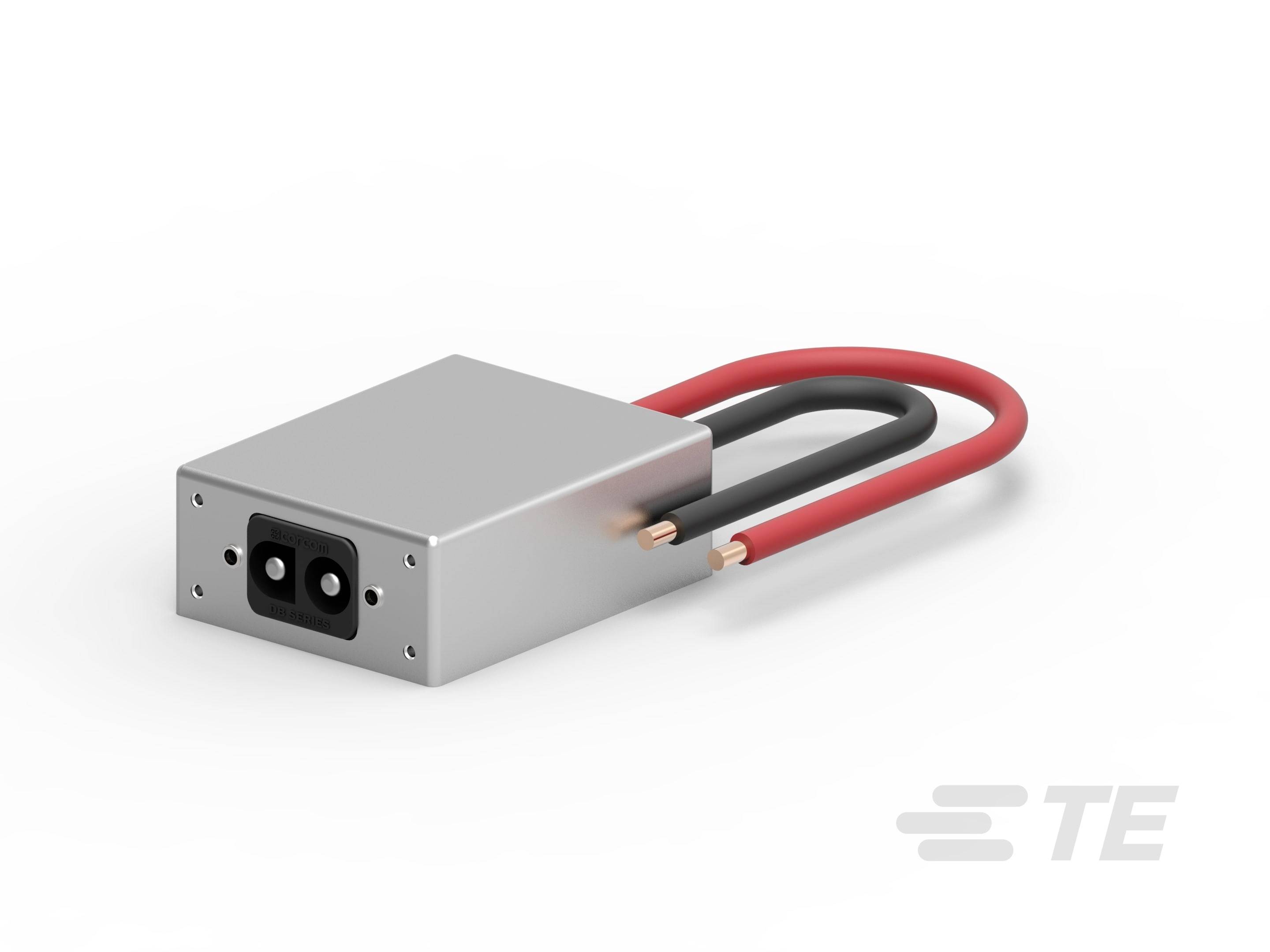 Metallisches rechteckiges elektrisches Bauteil mit zwei herausragenden Kabeln, rot und schwarz, und einem schwarzen Anschluss.