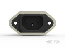 Schwarzer rechteckiger Stecker mit drei Stiften in der Mitte und zwei Befestigungsschrauben an den Seiten auf weißem Hintergrund.