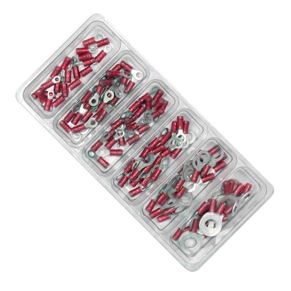 Eine durchsichtige Kunststoffbox mit sechs Fächern, gefüllt mit roten Kabelverbindern und Metallunterlegscheiben, schräg dargestellt.