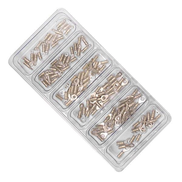 Eine transparente Plastikbox mit sechs Fächern, die mit mehreren Größen von goldfarbenen Kabelschuhen gefüllt sind.