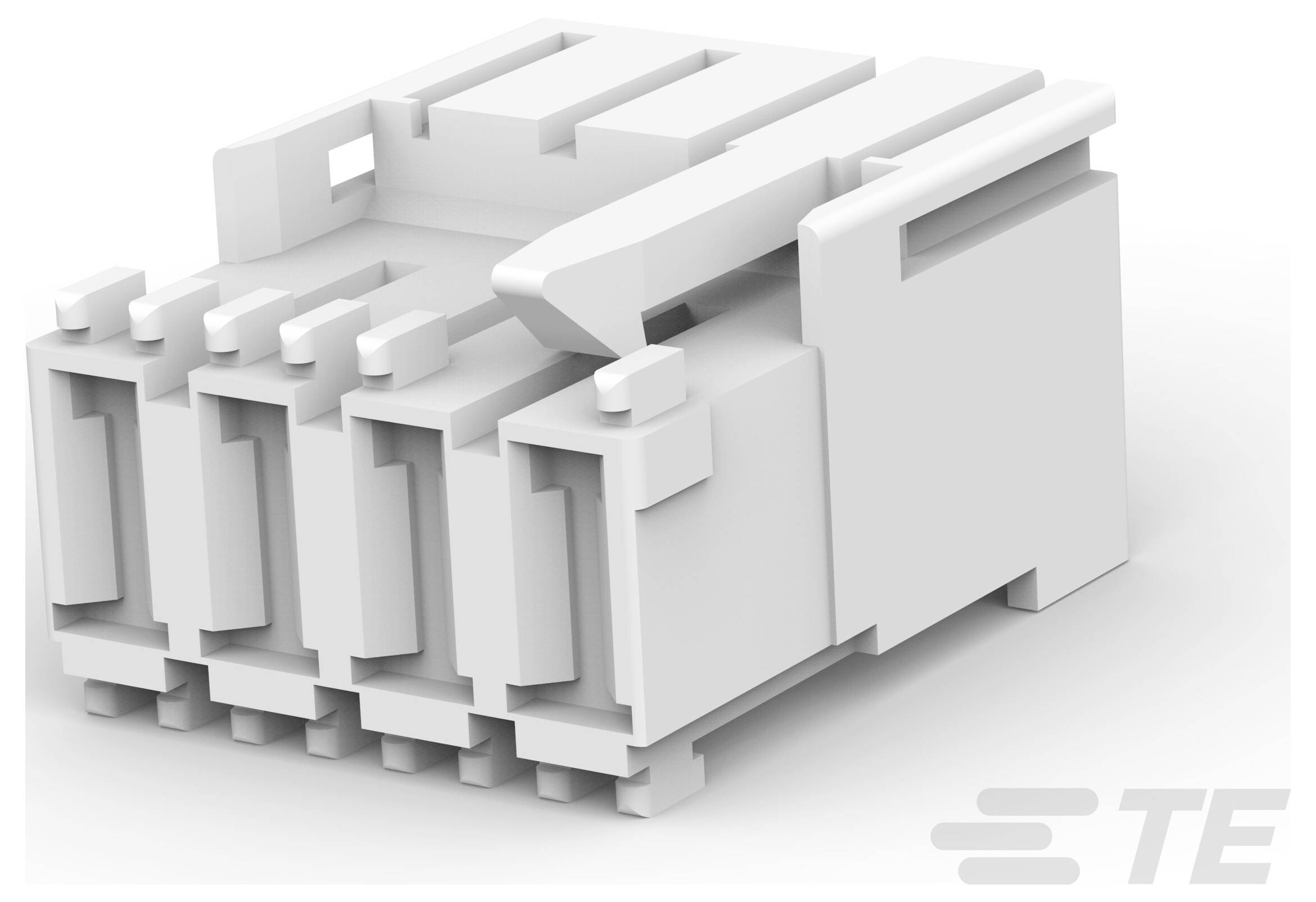 Vierpoliger Mini-I/O-Stecker in weißem Gehäuse von TE Connectivity, konzipiert für Industrie- und Automatisierungsanwendungen.