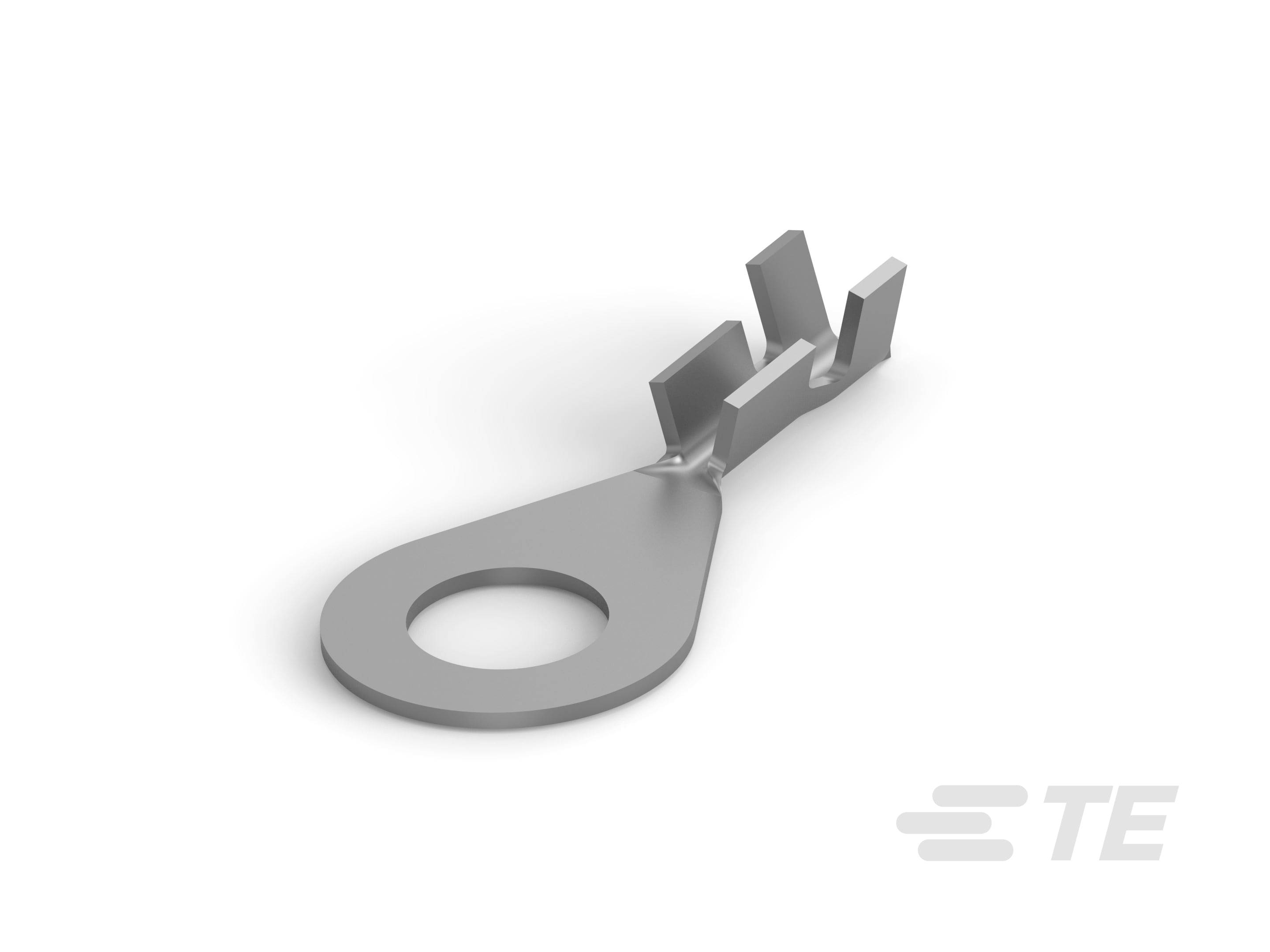 Metallischer Ringkabelschuh mit flachem Anschlussstück und rundem Ring. Eignet sich zur Verbindung von Kabeln mit Schraubverbindungen.