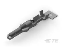 Ein einzelner Metallkontaktstecker mit einem Loch an einem Ende und gezackten Kanten, wahrscheinlich zur Befestigung an einem Kabel.