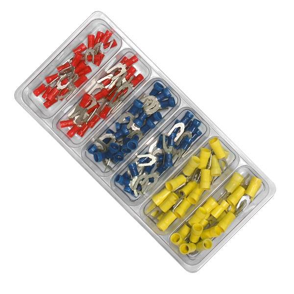 Eine Plastikkiste mit verschiedenen Kabelverbindern in Rot, Blau und Gelb, sortiert in getrennten Fächern.